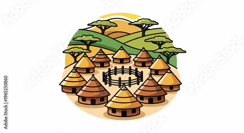 Traditional village with thatched huts and trees under a sunny sky