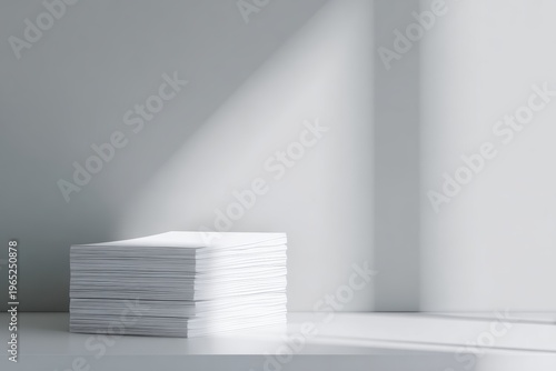 Stack of white A4 letterheads, invoice and resume mockup, minimalist grey office setting