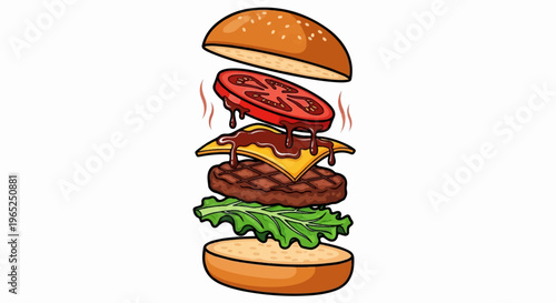 A cartoon illustration of a deconstructed burger with dripping sauce and steaming