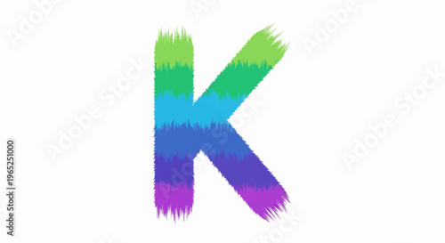 A colorful letter K drawn with fuzzy, layered brush strokes of green, blue, and purple
