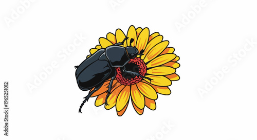 A dark beetle rests on a bright yellow and orange flower