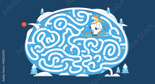 A cute snowman navigates a snowy maze on skis, winter fun