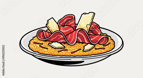 A delicious risotto dish topped with savory cured meat and cheese