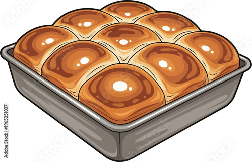 A 3x3 grid of golden-brown baked rolls nestled in a silver baking pan