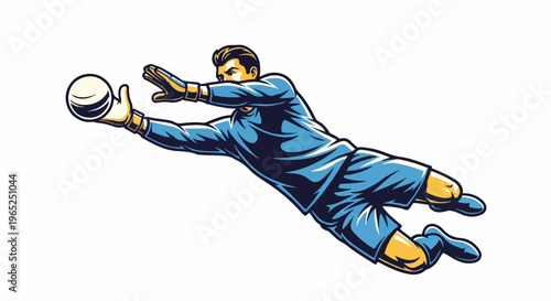 A dynamic illustration of a soccer goalie diving to catch a ball with outstretched arms
