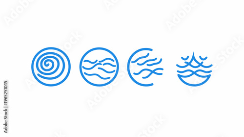 Four circular blue icons, spiral, waves, wind, and water-like shape, on a bright white background