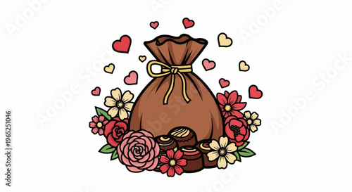 A brown gift bag filled with chocolates, surrounded by flowers and hearts