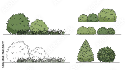 Various green bushes in vector CAD design style on grassy areas