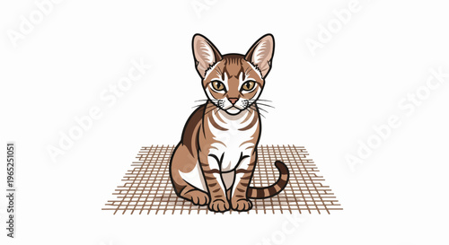 A brown tabby cat sits alertly on a woven mat