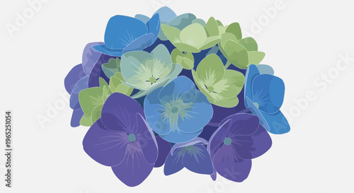 A close-up of a cluster of hydrangeas in shades of blue, purple, and green