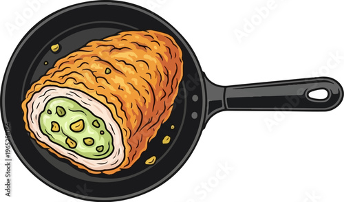 A golden, crispy chicken roll filled with a vibrant green vegetable mixture in a black frying pan