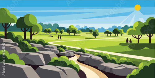 A picturesque park with a winding path, lush trees, and distant hills under a bright sun