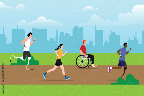 Diverse Group of Para-Athletes with Prosthetic Limbs and Wheelchair Running in a City Park, Inclusive Sports and Fitness 2d flat vector illustration