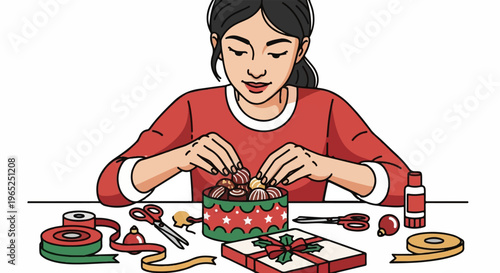 Woman in red shirt preparing holiday treats and gifts on a table