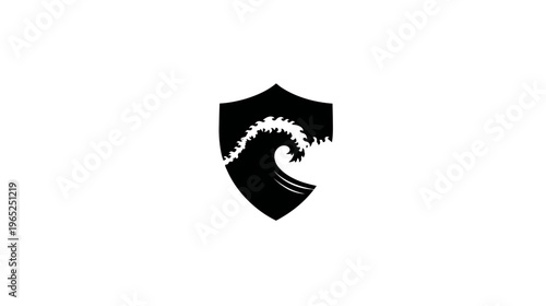 A black and white emblem featuring a stylized wave crashing inside a shield shape
