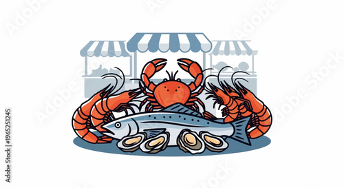 Variety of fresh seafood displayed at market stalls with colorful tents