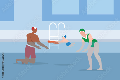 Children Swimming Lesson with Instructors in Indoor Pool 2d flat vector illustration