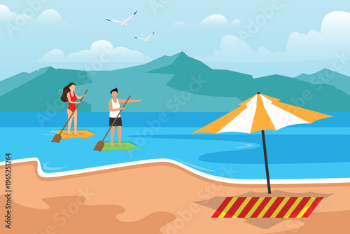 Couple Stand Up Paddleboarding at Tropical Beach with Mountains 2d flat vector illustration