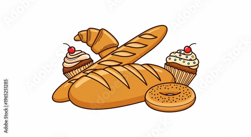 A variety of baked goods, including bread, croissants, cupcakes, and a bagel