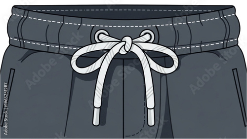 Vector illustration of dark gray athletic shorts with drawstring waist in CAD design style