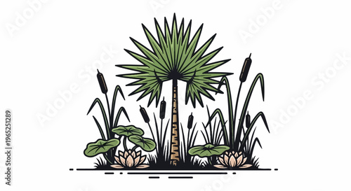 A palm tree stands amidst reeds and water lilies in a stylized wetland scene