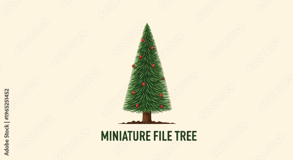 Fototapeta premium A small, decorated evergreen tree with red ornaments sits on a light background