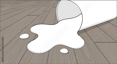 A spilled container of white liquid on a wooden floor with puddles