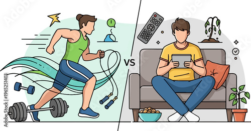 Active versus sedentary lifestyles contrasted, healthy habits versus leisure
