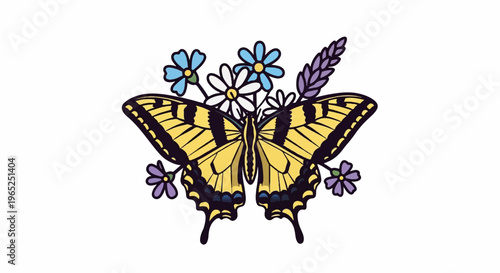 Stylized yellow butterfly with colorful flowers and lavender sprigs