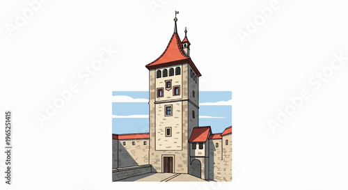 A stone tower with red roofs stands against a blue sky with clouds