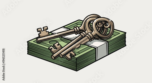 Antique keys rest on a thick stack of green banknotes tied with white paper