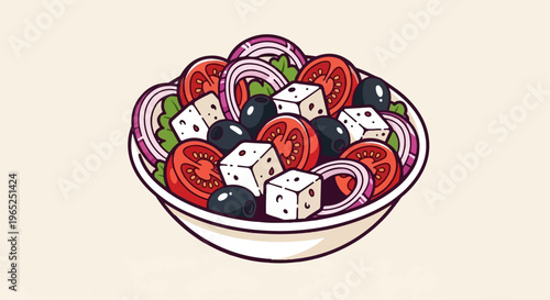 A colorful, cartoon-style bowl overflowing with fresh Greek salad ingredients