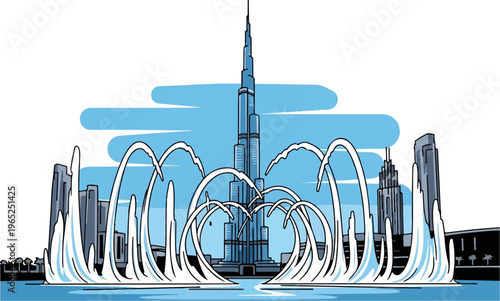 Stylized tall skyscraper with elaborate water fountains and city buildings
