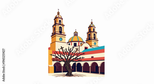 Stylized pixelated illustration of a church courtyard with a dome, bell towers, and bare tree