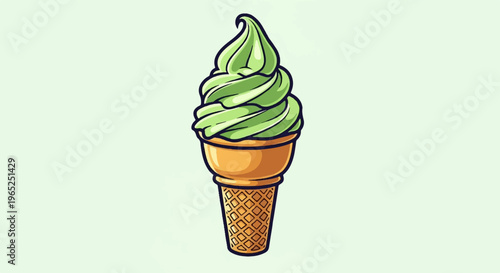 A tall green ice cream swirl in a waffle cone