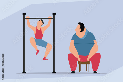 Fit Man Doing Pull-ups on Bar while Overweight Man Watches from a Chair 2d flat vector illustration