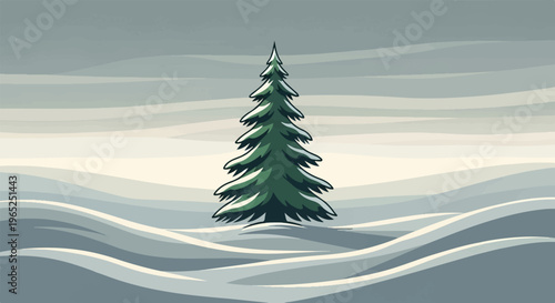 A solitary evergreen tree stands tall, covered in snow, in a barren winter landscape