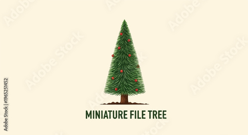 A small, decorated evergreen tree with red ornaments sits on a light background