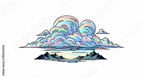 Stylized pastel clouds hover above dark mountains reflected in calm water