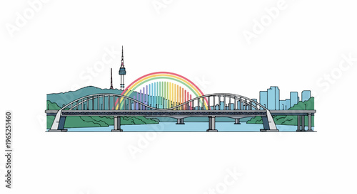 Arching bridge spans river with city skyline and rainbow