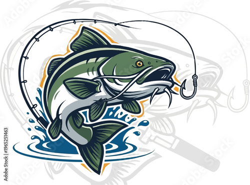 A dynamic illustration of a catfish leaping from water, hooked on a line
