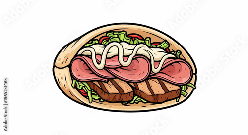 A delicious illustration of a stuffed pita bread sandwich with grilled meat and toppings