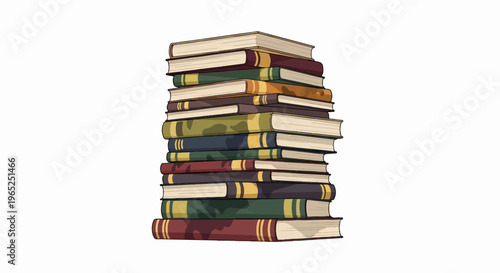 A tall stack of antique books with colorful covers and gold detailing
