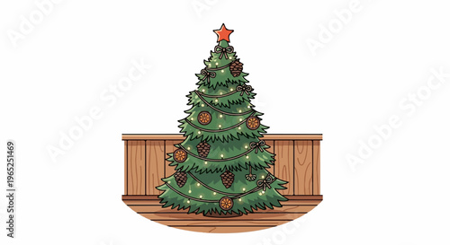 A decorated evergreen tree stands on a wooden surface, adorned with lights, pinecones, and orange slices