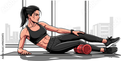 Athletic woman using a red foam roller for muscle recovery and flexibility
