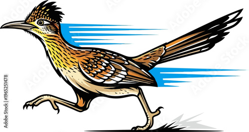 A fast-moving roadrunner with blue streaks indicating speed