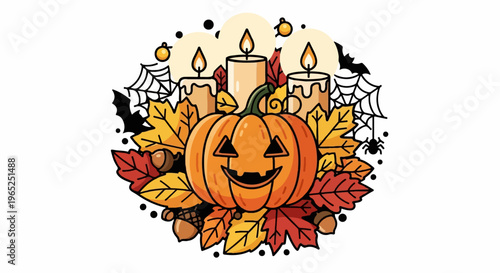 A festive Halloween illustration features a jack-o'-lantern, lit candles, autumn leaves, and spooky accents