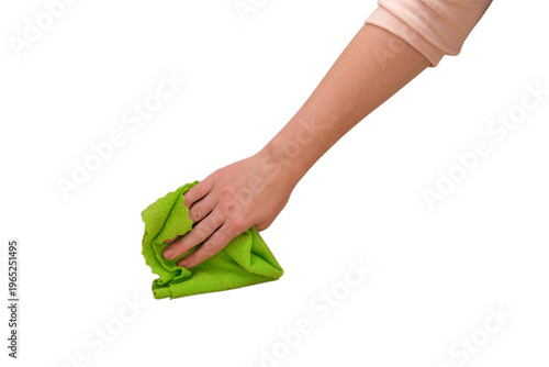 Foto Woman hand wiping surface with green microfiber cloth