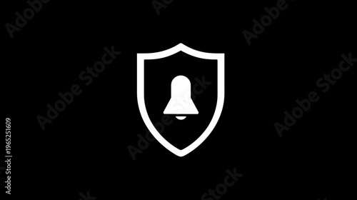 A white bell icon inside a shield on a black background, representing notifications or security