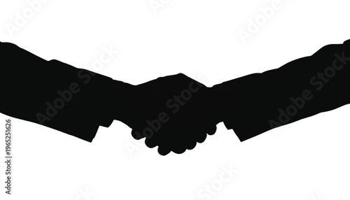 Two arms in business attire reaching across a white void to complete a firm handshake gesture.